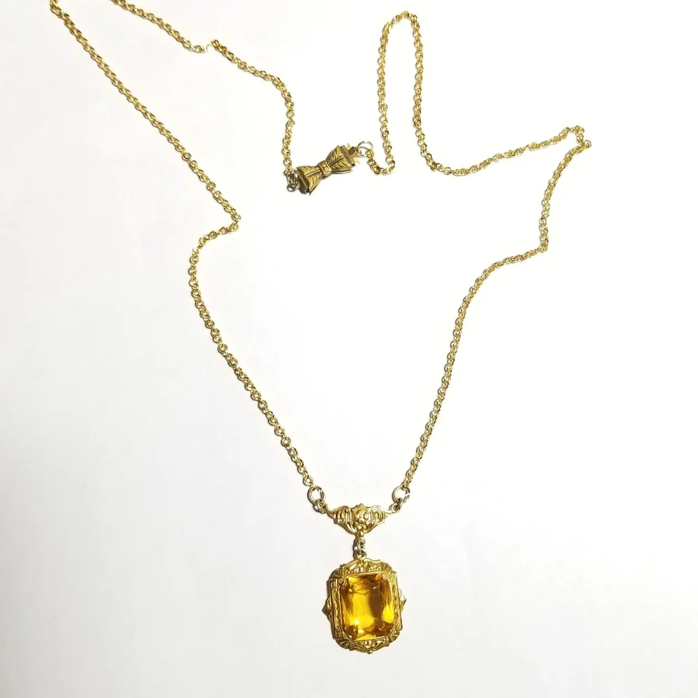 Vintage Art Deco necklace yellow gem gold tone faceted 1920s 1930s Gatsby